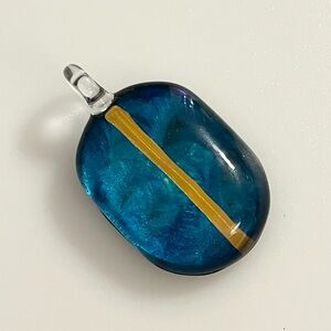 Handblown Artisan Oval Blue Gold Black Art Lampwork Glass Pendant
